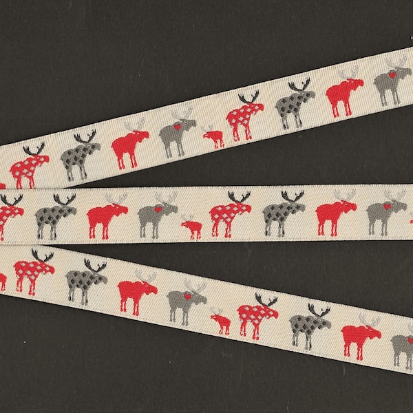 ANIMALS/Wildlife C-06-A Jacquard Ribbon Poly Trim, 5/8" Wide (16mm) Tan Background, Red & Gray Patterned Moose w/Black Accents