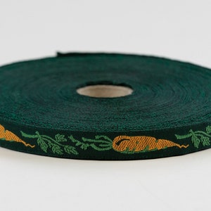 KAFKA A-05/04 Jacquard Ribbon Woven Organic Cotton Trim 7/16&quot; wide (10mm) Green Background w/Carrots & Greenery