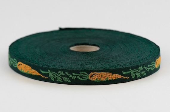 KAFKA A-05/04 Jacquard Ribbon Woven Organic Cotton Trim 7/16" wide (10mm) FREE BUTTON! Green Background w/Carrots & Greenery