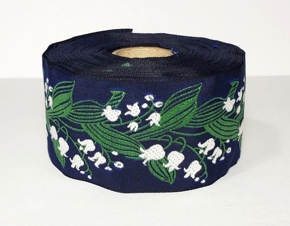 KAFKA H-02/04 Jacquard Ribbon Organic Cotton Trim 1-1/2" wide (38mm) Navy w/White Lilies of the Valley