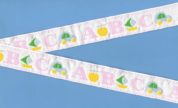 CHILDREN's F-03-D Jacquard Ribbon Cotton Trim 1" Wide (25mm) White Background Large ABC Pattern in Pink, Blue, Green & Yellow