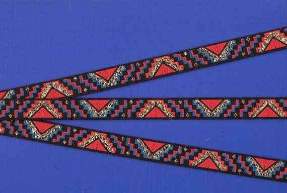 METALLIC B-10-A Jacquard Ribbon Polyester Trim, 1/2" Wide (13mm) Black w/Royal Blue, Red and Metallic Gold Southwest Design