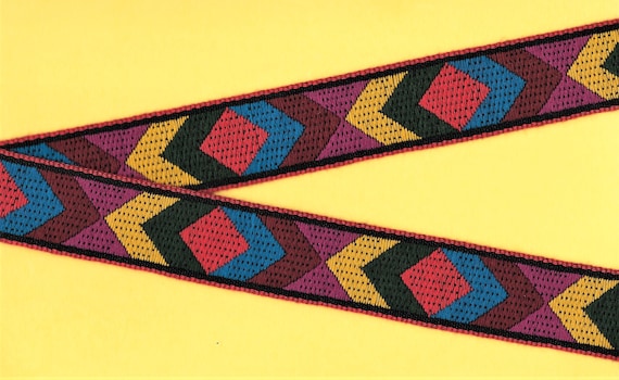 GEOMETRIC G-12-A Jacquard Ribbon Cotton Trim, 1-1/4" Wide (32mm) VINTAGE, BOHO Retro Multi-Colored Diamond Arrow Design, Priced Per Yard
