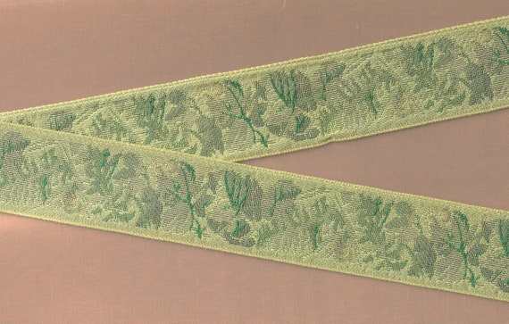 FLORAL TAPESTRY H-03-C Jacquard Ribbon woven Cotton Trim 1-1/2" wide (38mm) VINTAGE, Rare, Autumn Leaves in Muted Shades of Olive Greens