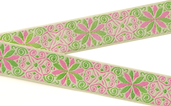 FLORAL H-16-D Jacquard Ribbon Polyester Trim 1-1/2" wide (38mm) Light Tan w/Apple Green & Pink Flowers, Scroll Accent Design