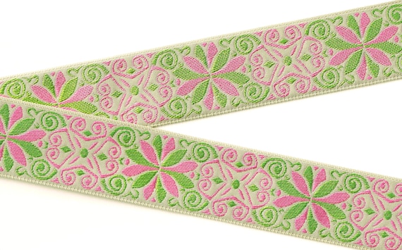 FLORAL H-16-D Jacquard Ribbon Polyester Trim 1-1/2" wide (38mm) Light Tan w/Apple Green & Pink Flowers, Scroll Accent Design, Per Yard