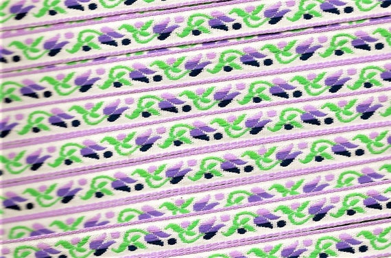 FLORAL B-10-K Jacquard Ribbon Rayon/Poly Trim 7/16" wide, White w/Lilac Borders, Lilac/Purple/Navy Tulips & Dots, Green Leaves