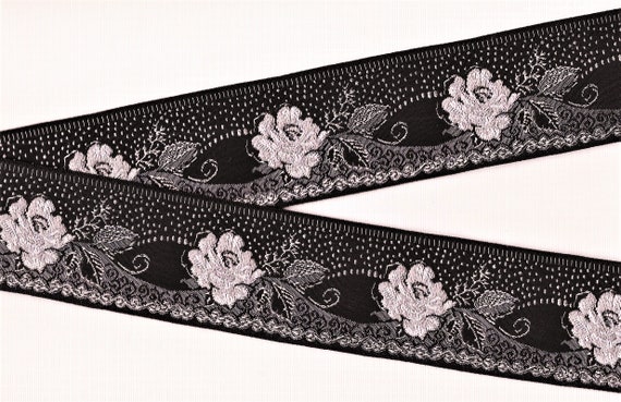 FLORAL J-06-A Jacquard Ribbon Rayon Trim 1-3/4" wide (44mm) VINTAGE Trapunto Black, Gray & Pale Pink Flowers w/"Embossed" Accents, Per Yard