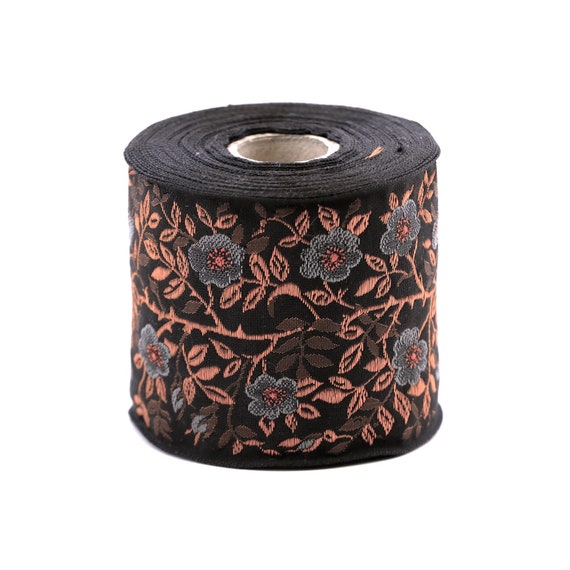 KAFKA L-01/34 Jacquard Ribbon Woven Organic Cotton Trim 2-3/8" wide (60mm) Black w/2-Tone Gray & Rust Wild Roses, Copper Leaves