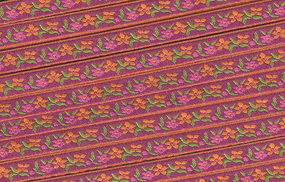 FLORAL A-30-H Jacquard Ribbon Poly Trim 3/8" wide (9mm) Made in France, Rosy-Pink w/Orange & Pink Flowers, Orange Borders, Olive Leaves