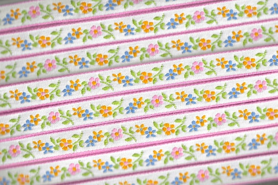 FLORAL B-20-F Jacquard Ribbon Woven Cotton Trim 1/2" wide (13mm) White (Pink Borders) Pink, Yellow & Blue Edelweiss, Green Leaves