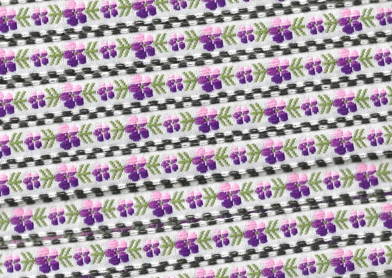 FLORAL B-27-A Jacquard Ribbon Woven Cotton Trim 1/2" Wide (13mm) White Background, B/W Check Border, Pink & Purple Pansies