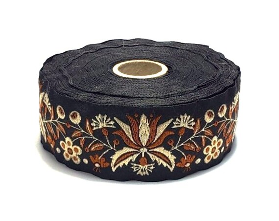 KAFKA G-19/05 Jacquard Ribbon Organic Cotton Trim 1-1/4" wide (32mm) "Frida" Black w/Beige & Brown Flowers