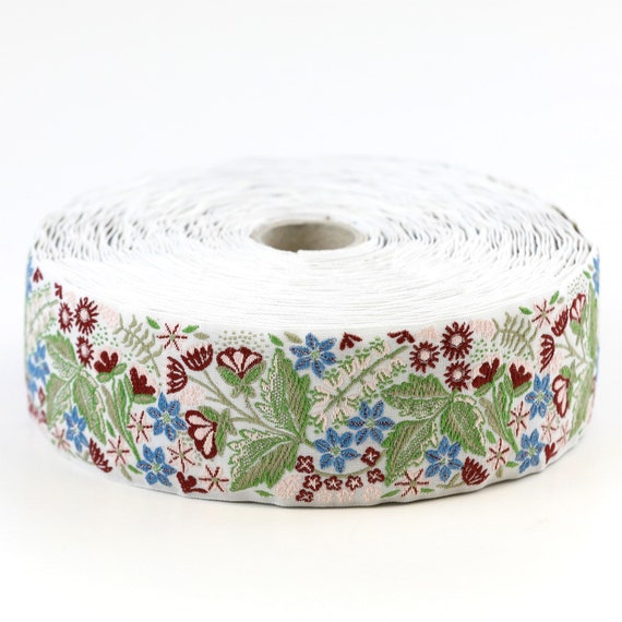 KAFKA H-16/01 Jacquard Ribbon Woven Organic Cotton Trim, 1+9/16" wide (40mm) "FLOWER DREAMS" White w/Blue, Burgundy, Pink & Green