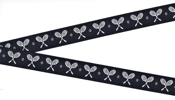 SPORTS/Tennis E-02 Jacquard Ribbon Polyester Trim 7/8" Wide (22mm) Dark Navy Background with White Tennis Rackets & Tennis Balls