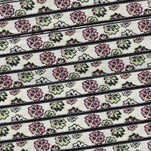 Cinta de jacquard FLORAL A-12-E con ribete de poliéster de 3/8" de ancho (9 mm), fabricada en Francia, estilo art déco, color crema con flores de hibisco en negro, rosa y menta