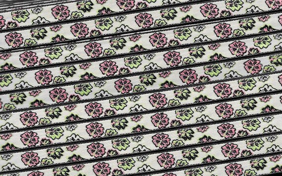 FLORAL A-12-E Jacquard Ribbon Poly Trim ***3/8" Wide (9mm) Made in France, Art Deco, Cream w/Black, Pink & Mint Hibiscus Flowers