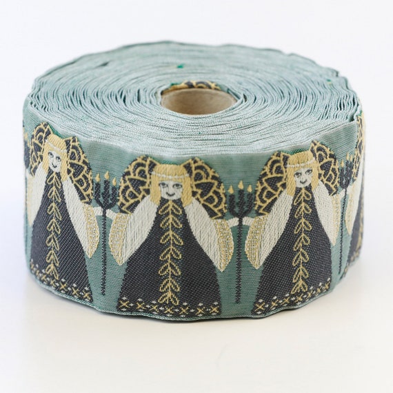 KAFKA K-03/04 Jacquard Ribbon Woven Organic Cotton Trim 2" wide (50mm) Blue/Yellow & Green Angels Holding Hands and Candles