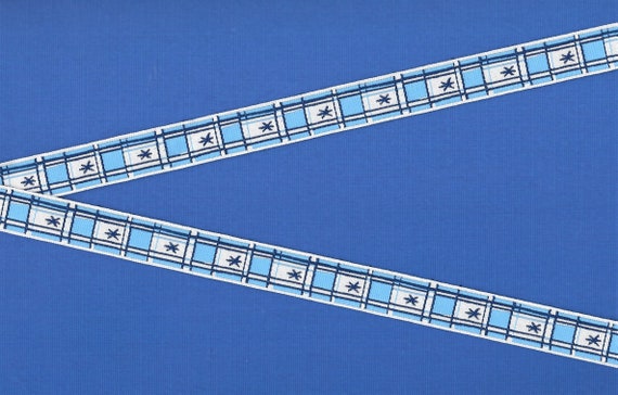 GEOMETRIC C-24-C Jacquard Ribbon Poly Trim, 5/8" Wide (16mm) Blue, Navy & White Block Pattern w/Star Design, Length Options