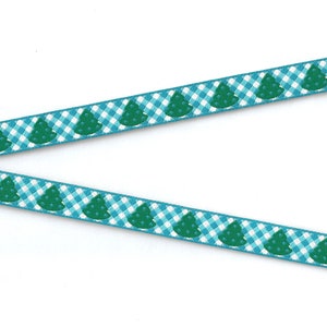 HOLIDAY B-08-A Jacquard Ribbon Poly Trim 1/2&quot; Wide (13mm) FROLLEIN Made in Germany, Turquoise & White Check Background w/Christmas Trees