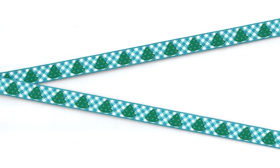 HOLIDAY B-08-A Jacquard Ribbon Poly Trim 1/2" Wide (13mm) FARBENMIX Made in Germany, Turquoise & White Check w/Christmas Trees, Per Yard