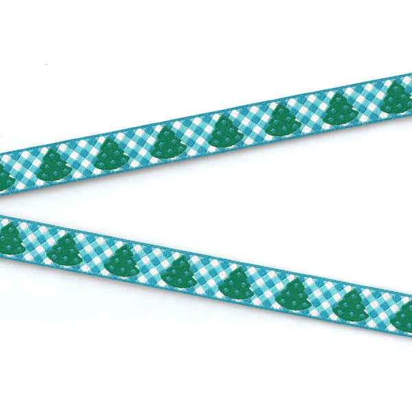 HOLIDAY B-08-A Jacquard Ribbon Poly Trim 1/2" Wide (13mm) FARBENMIX Made in Germany, Turquoise & White Check w/Christmas Trees, Per Yard