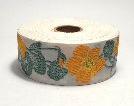 KAFKA G-03/01 Jacquard Ribbon Woven Organic Cotton Trim 1-1/4" wide (32mm) Ivory w/Golden Yellow Nasturtiums, Yellow Accents, Green Leaves