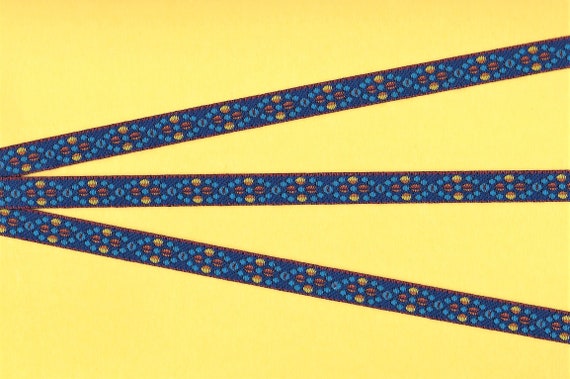 GEOMETRIC B-16-A Jacquard Ribbon Poly Trim 7/16" wide (12mm) Royal Blue w/Red Borders Orange/Yellow/Turquoise Dots in a Wave Design