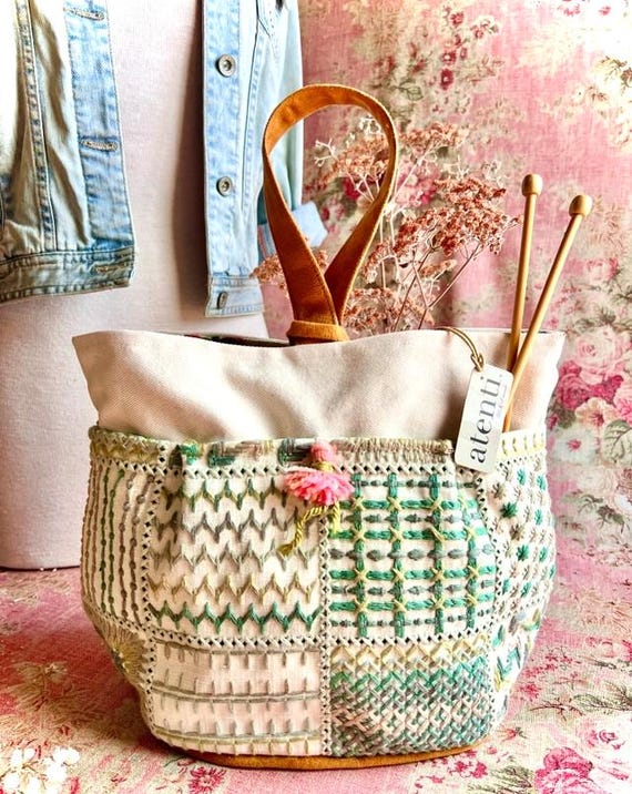 ATENTI Handmade Bags "LILY" Tapestry Pattern in Ivory & Green, 8-Pocket Tall Caddy Organizer, Needle Arts/Knitting Bag, Project Bag