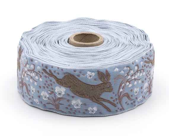 KAFKA H-27/09 Jacquard Ribbon Organic Cotton Trim 1+1/2" wide (38mm) Blue w/Taupe Jackrabbits