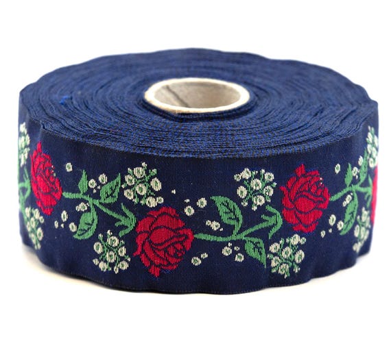 KAFKA G-08/03 Jacquard Ribbon Woven Organic Cotton Trim 1-1/4" wide (32mm) Navy Blue w/Red Roses & White Gypsophila, Green Stems/Leaves