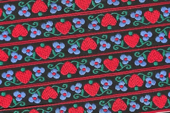 HEARTS/FLOWERS C-03-B Jacquard Ribbon Cotton Trim 5/8" wide (16mm) Made in Germany Black w/Red Hearts, Blue & Red Flowers, Teal Green Leaves