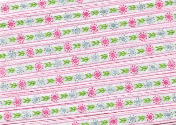 FLORAL A-15-E Jacquard Ribbon Poly Blend Trim 1/2" wide (13mm) White w/Pink Border, Pink & Pastel Blue Flowers, Green Leaves