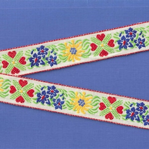 HEARTS/FLOWERS F-16-G Jacquard Ribbon Cotton/Poly Trim 1&quot; Wide (25mm) Ivory, Red Hearts, Blue & Yellow Edelweiss, Green Leaves