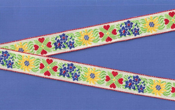 HEARTS/FLOWERS F-16-G Jacquard Ribbon Cotton/Poly Trim 1" Wide (25mm) Ivory, Red Hearts, Blue & Yellow Edelweiss, Green Leaves