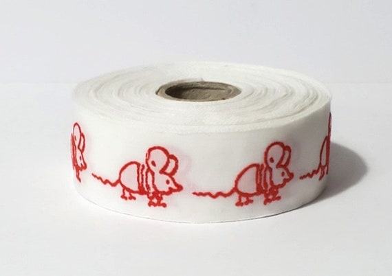 KAFKA F-10/12 Jacquard Ribbon Woven Organic Cotton Trim 1" wide (25mm) White Background w/Red Mice