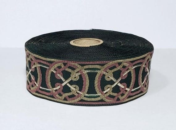 KAFKA G-11/17 Jacquard Ribbon Woven Organic Cotton Trim 1-1/4" wide (32mm) Green w/Taupe, Dk Rose & Ivory Celtic Rope Circles