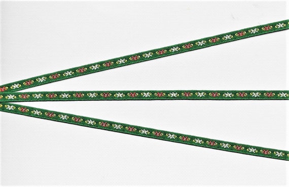 HOLIDAY A-02-A Jacquard Ribbon Polyester Trim 1/8" wide (3mm) NARROW, Green w/Petite Red & White Flowers, Green Leaf Accents