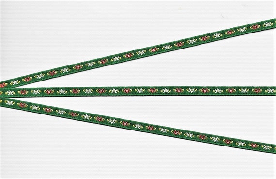 HOLIDAY A-06 Jacquard Ribbon Polyester Trim 1/4" Wide (6mm) NARROW, Green w/Petite Red & White Flowers, Green Leaf Accents, Per Yard