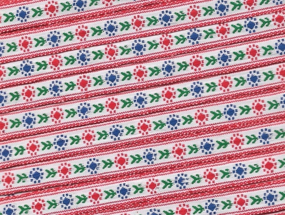 FLORAL A-15-B Jacquard Ribbon Poly Blend Trim ***1/2" Wide (13mm) White Background w/Red Border, Blue & Red Flowers, Green Leaves