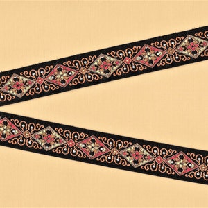 GEOMETRISCHE D-13 Jacquard Borte Poly Zierleiste 3/4"breit (20 mm) Schwarz w/Kürbis Orange, Rot & Hellbraun Raute Motiv, Mittelalter/Renaissance