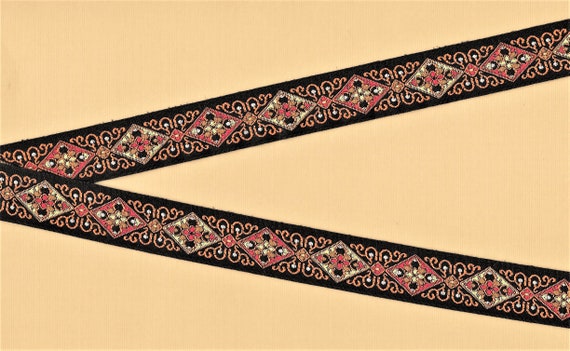GEOMETRIC D-13 Jacquard Ribbon Poly Trim 3/4" Wide (20mm) Black w/Pumpkin Orange, Red & Tan Diamond Motif, Medieval/Renaissance