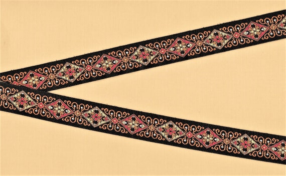 GEOMETRIC D-13 Jacquard Ribbon Poly Trim 3/4" Wide (20mm) Black w/Pumpkin Orange, Red & Tan Diamond Motif, Medieval/Renaissance, Per Yard