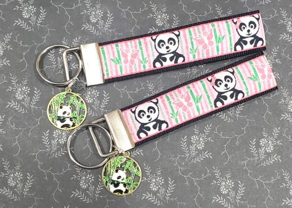 Jacquard Ribbon/Nylon Web Key Fobs - Sweet PANDA BEAR on Pink w/Bamboo & Charms -  Keychain, Wristlet, Luggage Tags (5" to 5.5" long)