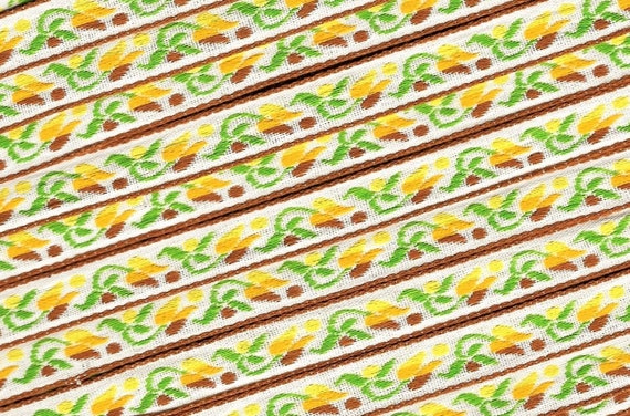 FLORAL B-10-B Jacquard Ribbon Rayon/Poly Trim 7/16" wide Ivory w/Brown Borders, Yellow/Orange/Brown Tulips, Green Leaves