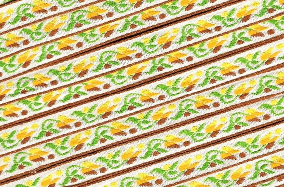 FLORAL B-10-B Jacquard Ribbon Rayon/Poly Trim 7/16" wide Ivory w/Brown Borders, Yellow/Orange/Brown Tulips, Green Leaves