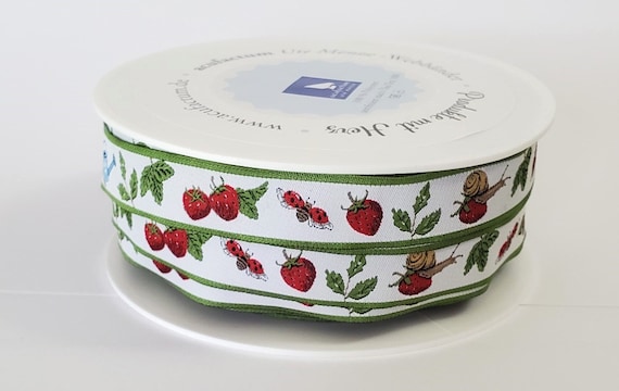DANIELA DRESCHER Jacquard Ribbon Woven Trim 5/8" wide (16mm) From Germany "Strawberry Time" including an Assortment of Insects