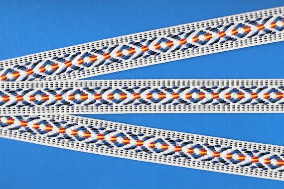 NATIVE AMERICAN F-30-B Jacquard Ribbon Poly Trim 1" wide (25mm) REVERSIBLE White w/Blue, Gray, Red & Yellow Accents