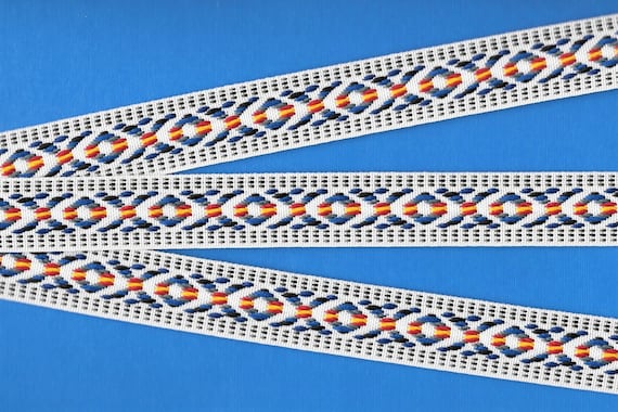 NATIVE AMERICAN F-30-B Jacquard Ribbon Poly Trim 1" wide (25mm) REVERSIBLE White w/Blue, Gray, Red & Yellow Accents, Per Yard