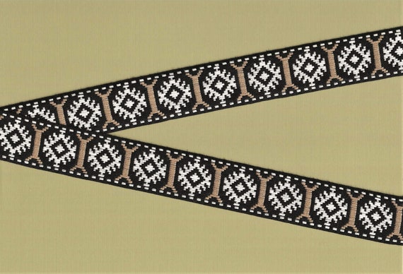 NATIVE AMERICAN G-01-B Jacquard Ribbon Cotton Trim, 1-1/4" Wide (32mm) Black Background w/Beige & White Tribal Design, Per Yard